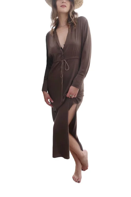 Clothes For Women Long Sleeve Maxi Shirt Dress In Mocha