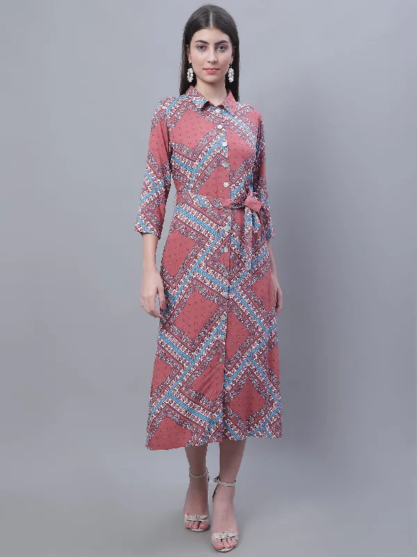 Seize Bargains Women's Casual Shirt collar Multi Color Geometric Print Shirt Dress
