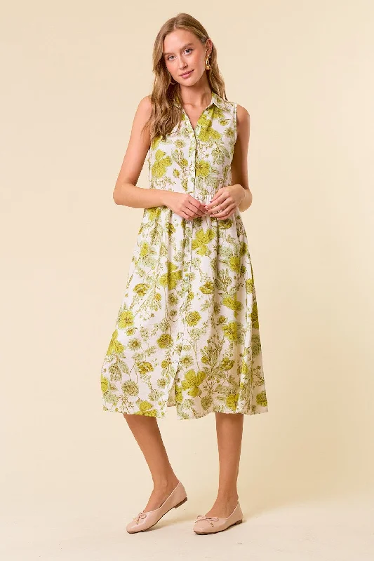 Fashion Forward Femininity Green Floral Printed Sleeveless Midi Shirt Dress