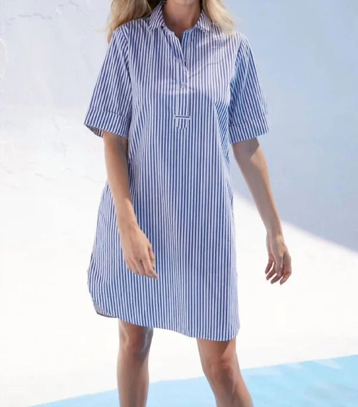 Trendy Street Style Clothing Leonie Pinstriped Shirt Dress In White/blue