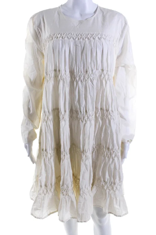 Sales Clothes Merlette Womens Smocked Long Sleeve Crew Neck Swing Dress White