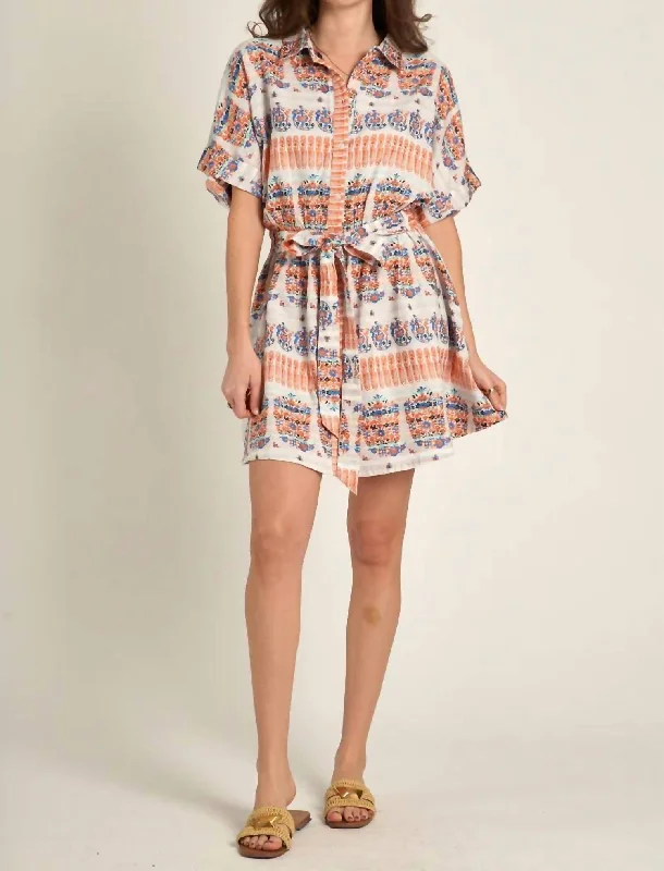 Best Seller Pamela Waist Tie Short Sleeve Mini Shirt Dress In White/orange