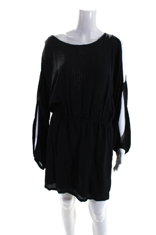 Trendy Attire For Her Line & Dot Womens Silk Long Sleeve Cold Shoulder Blouson Dress Black Trendy Attire For Her Line & Dot Womens Silk Long Sleeve Cold Shoulder Blouson Dress Black
