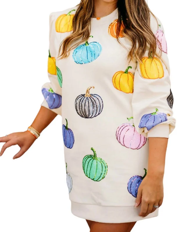 Everyday Fashion Pumpkin Sweatshirt Dress In Beige Multi