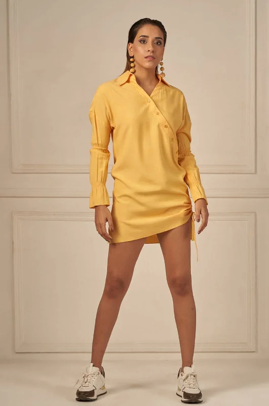 Trendy And Individual Women's Fashion Summer somewhere yellow cotton asymmetric button ruched detail shirt dress
