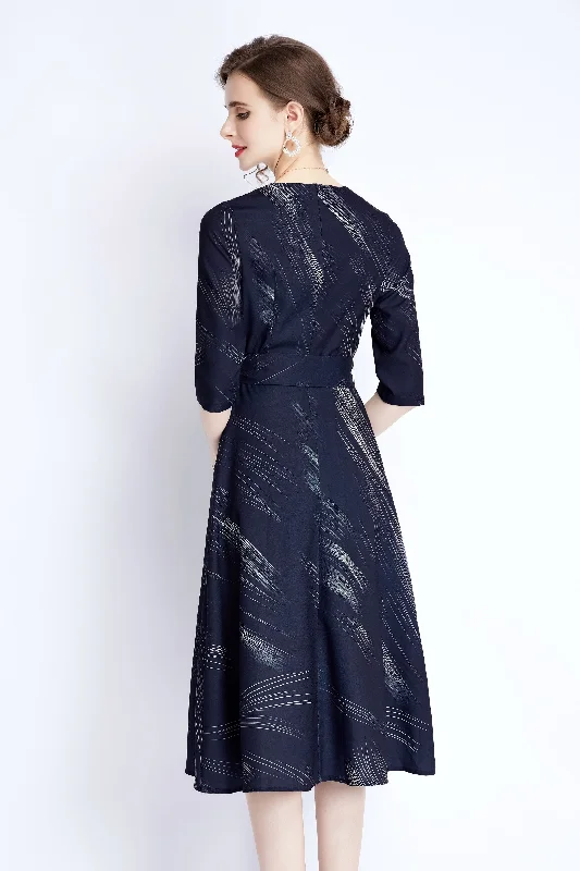 Hot Styles Navy Day A-line Crewneck Elbow Sleeve Below Knee Printed Dress