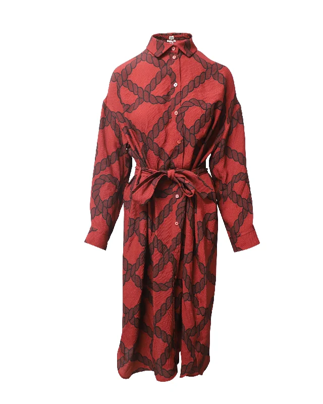 Versatile Outfits Hermes Rope Print Shirt Dress in Red Silk