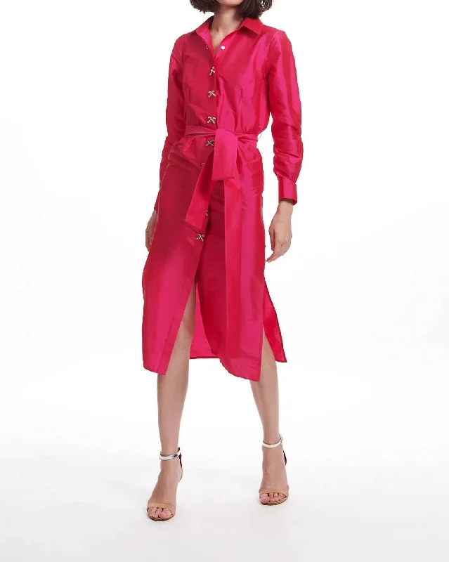 Chic Casual Style Taffeta Shirt Dress With Crystal Bow Buttons In Watermelon