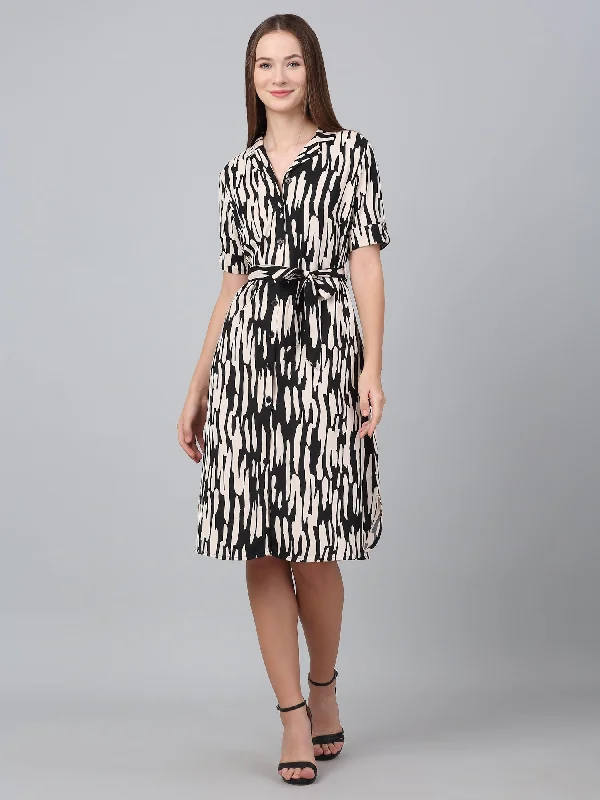 Versatile Outfits Women Black Shirt Collar Printed Dress