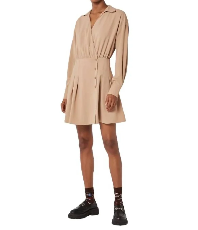 Unleash Your Style Open Collar Wrap Pleat Detail Shirt Dress In Beige