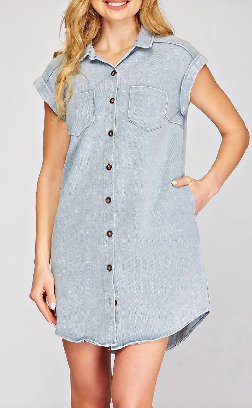 Chic Style Button Down Twill Shirt Dress In Light Denim Blue