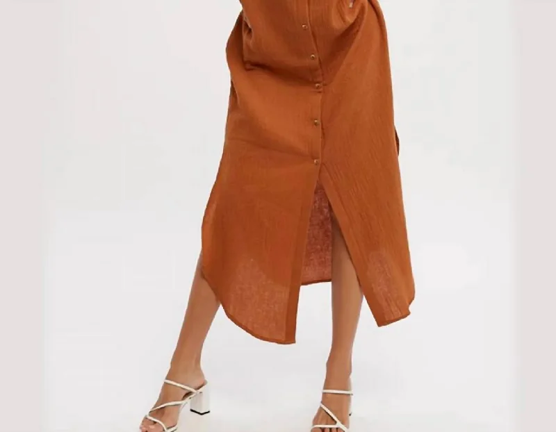 Relaxed Style Button Up Shirt Dress In Brick