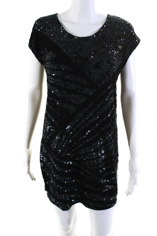 Day-To-Night Styles Roberto Cavalli Womens Black Navy Sequins Detail Short Sleeve Shirt Dress Day-To-Night Styles Roberto Cavalli Womens Black Navy Sequins Detail Short Sleeve Shirt Dress