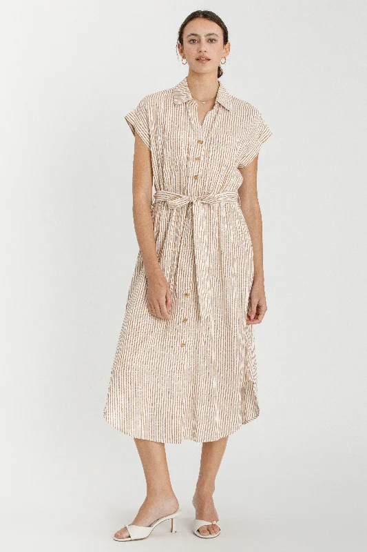 Redefining Women's Fashion Brown Striped Sash Tie Midi Shirt Dress