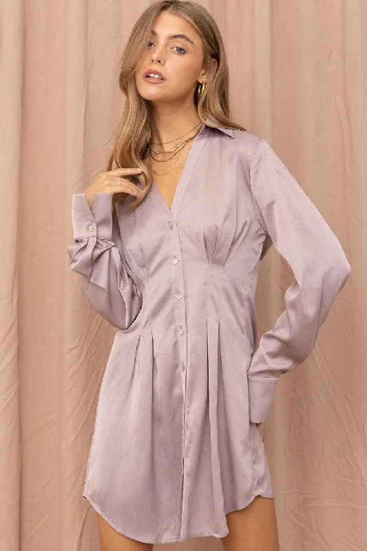 Sporty Streetwear Ash Lilac Satin Shirt Dress