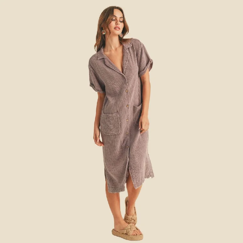 Luxury Fashion Buttondown Dye and Wash Gauze Shirt Dress (Eggplant)