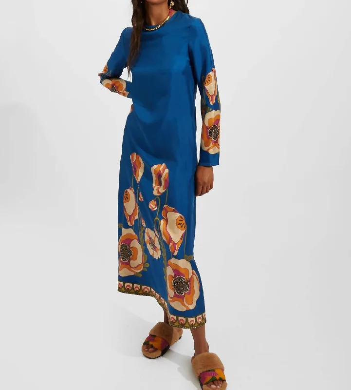 Catch Every Fashion Trend Long Sleeve Swing Dress In Poppies Blue Placee