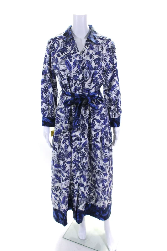 Huge Price Cut Purotatto Womens Contrast Monstera Fern Midi Shirt Dress White Blue