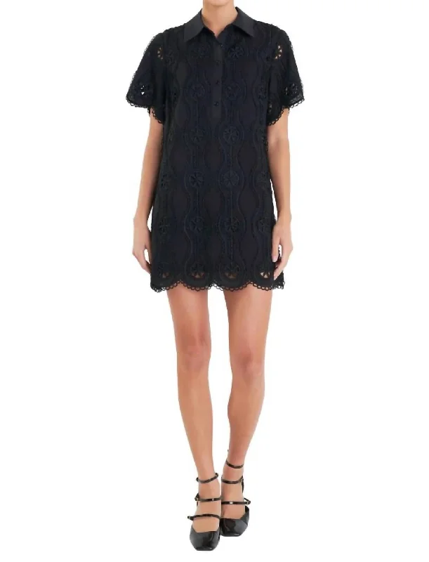 All Season Fashion Collection Scallop Embroidered Cotton Mini Shirt Dress In Black