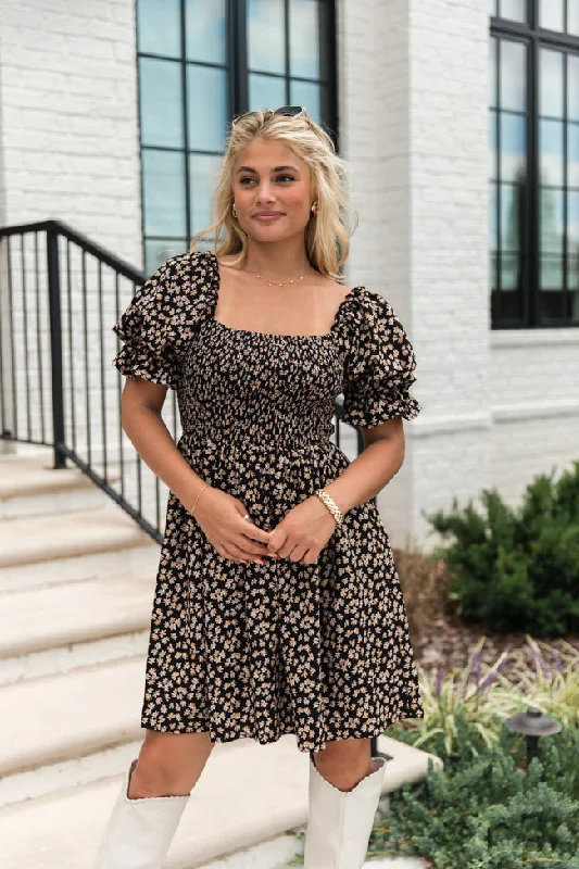 Online Shopping Boutiques When I Found You Black Knit Smocked Print Dress