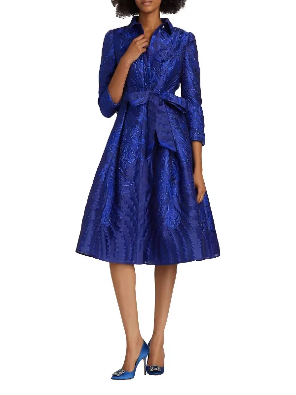 Best Clearance Sales Right Now Metallic Tonal Jacquard Shirt Dress In Royal Blue