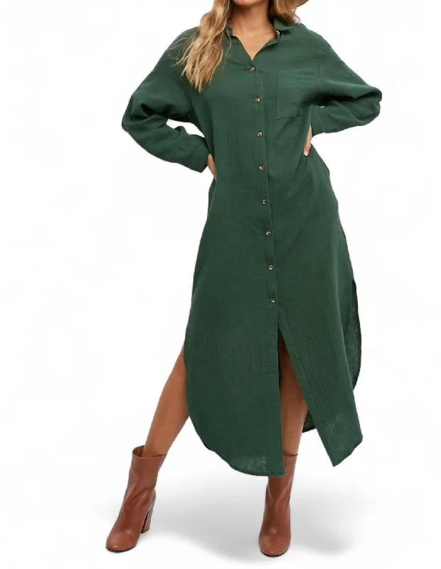 Sale On Clothing Sarah Button Up Maxi Shirt Dress With Pocket In Green