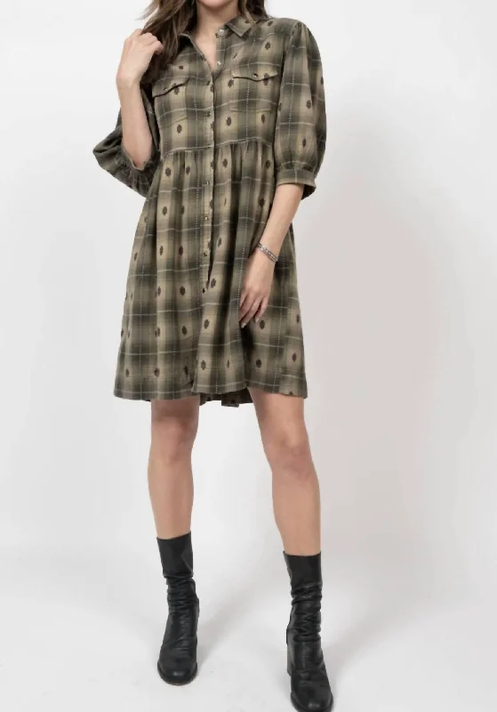 Clothes Of Woman Plaid Pearl Snap Shirt Dress In Olive
