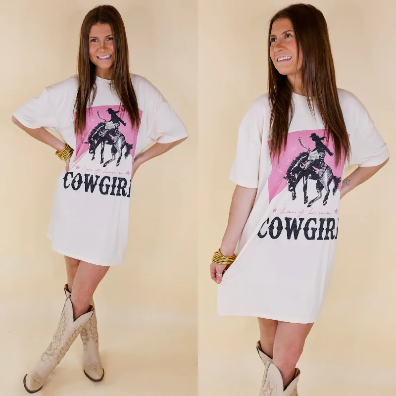 Chic Styles Long Live Cowgirl Short Sleeve Tee Shirt Dress in Cream