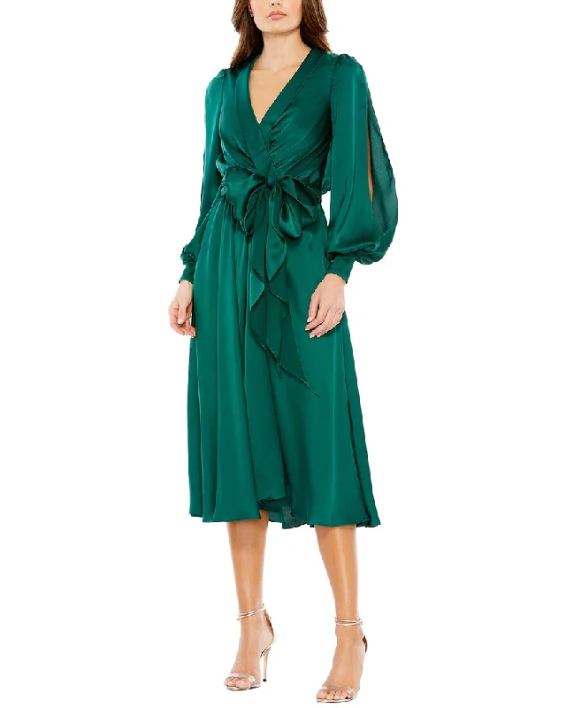 Special Occasion Wear Mac Duggal Collared Faux Wrap Bishop Sleeve Flowy Dress