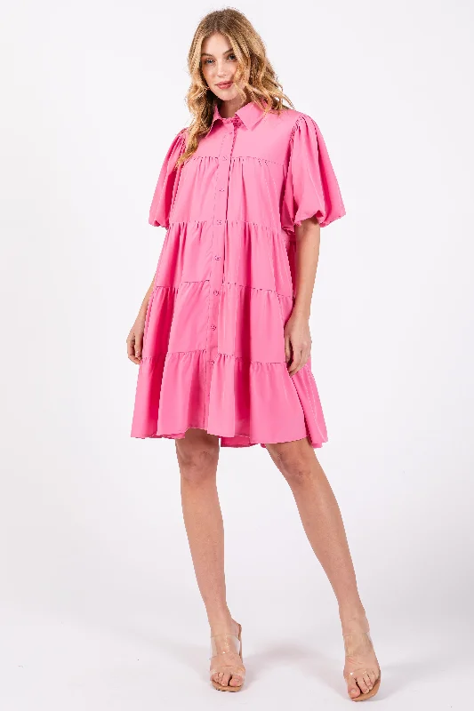 Stylish Savings Pink Puff Sleeve Mini Shirt Dress