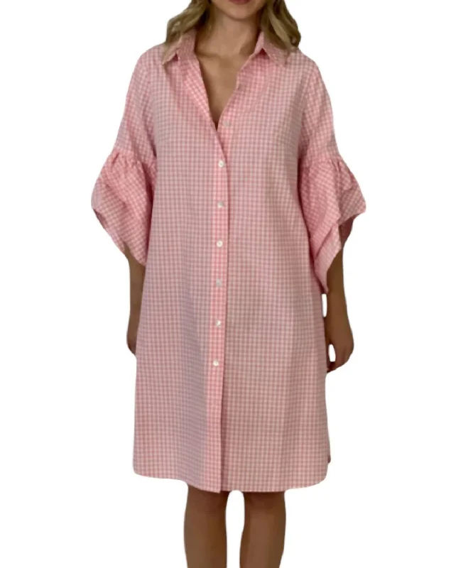 Premium Style Pansy Checkered Ruffled Shirt Dress In Pink