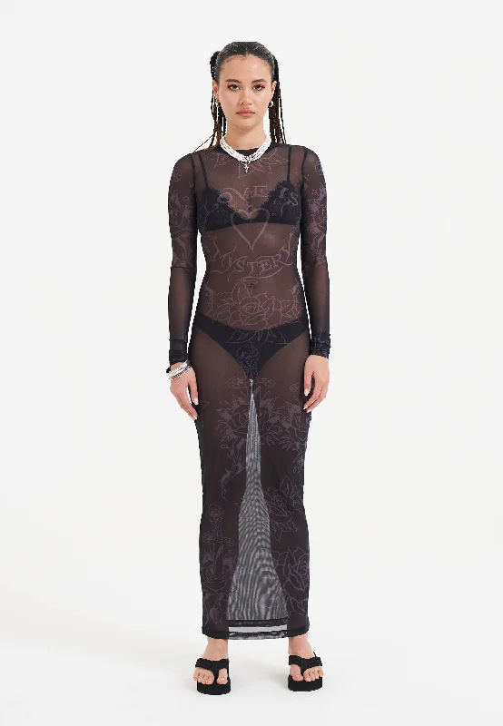 Don't Miss Out Womens Love Is Mystery Mesh Dress - Black