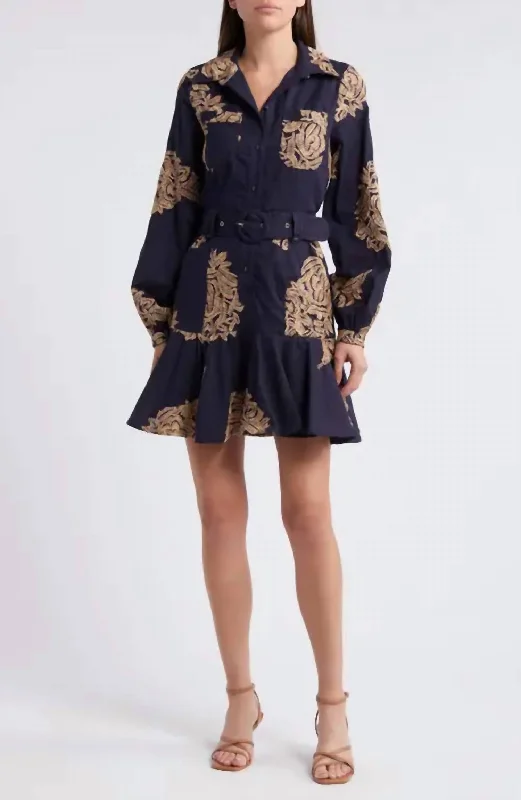 Trendy Women's Wear Collection Ina Long Sleeve Embroidered Shirt Dress In Navy Tan