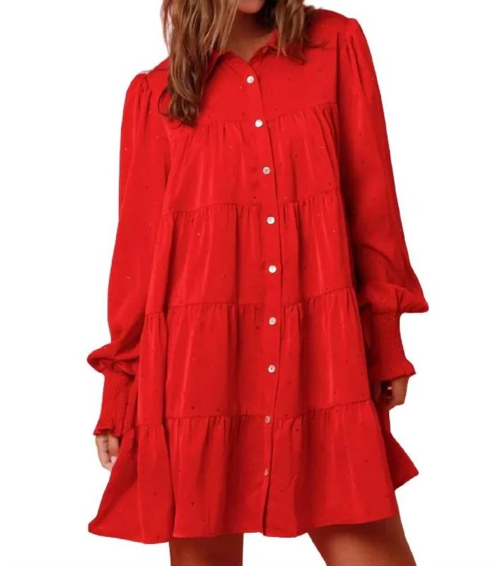 Season Appropriate Women's Collection Rhinestone Button Down Shirt Dress In Red