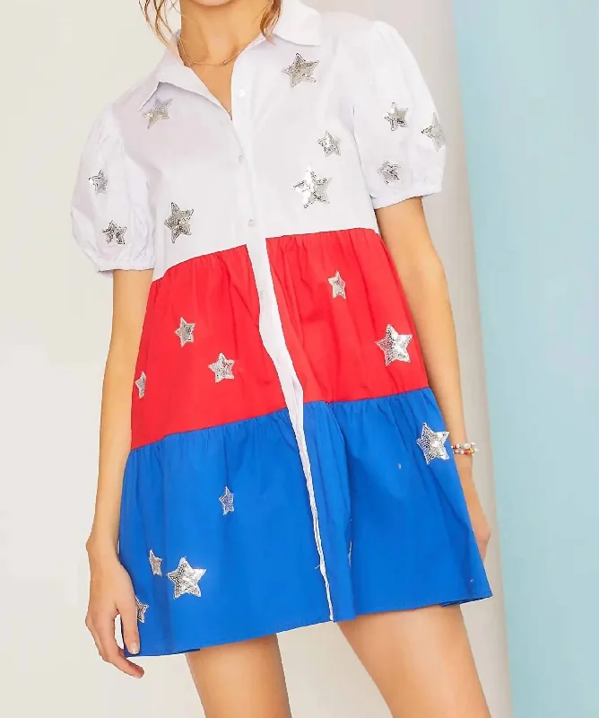 Trendy Boutiques Online Star Patch Shirt Dress In Multi
