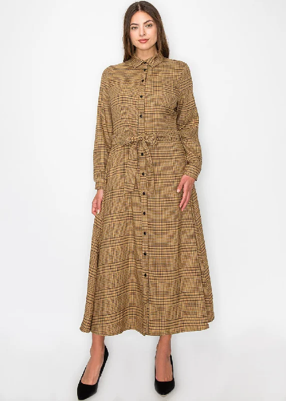 Clothing Sales Camel Plaid Shirt Dress with Belt