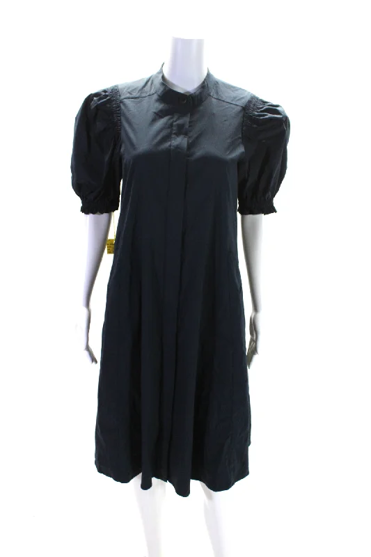 Trend Alert Foil Womens Back In Business Puff Sleeve Midi Shirt Dress Navy Blue