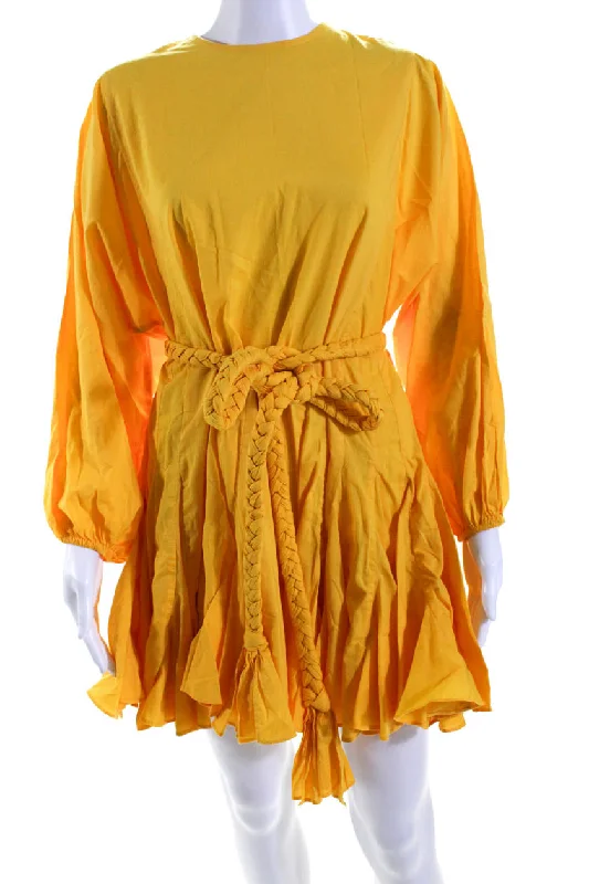 Clothing Sales Rhode Womens Long Sleeve Crew Neck Belted Mini Swing Dress Yellow