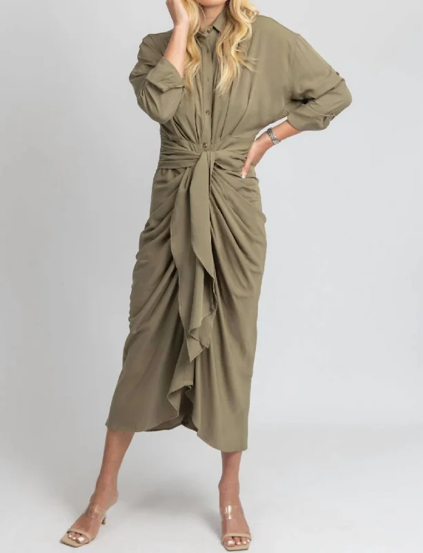 Trendy Street Style Attire Tencel Button Down Shirt Dress In Olive