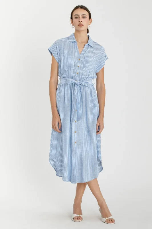 Athleisure Wear Special Offer Blue Striped Sash Tie Midi Shirt Dress