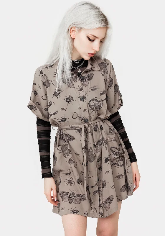 Ride The Style Wave Parasite Bugs Print Mini Short Sleeve Shirt Dress - Taupe