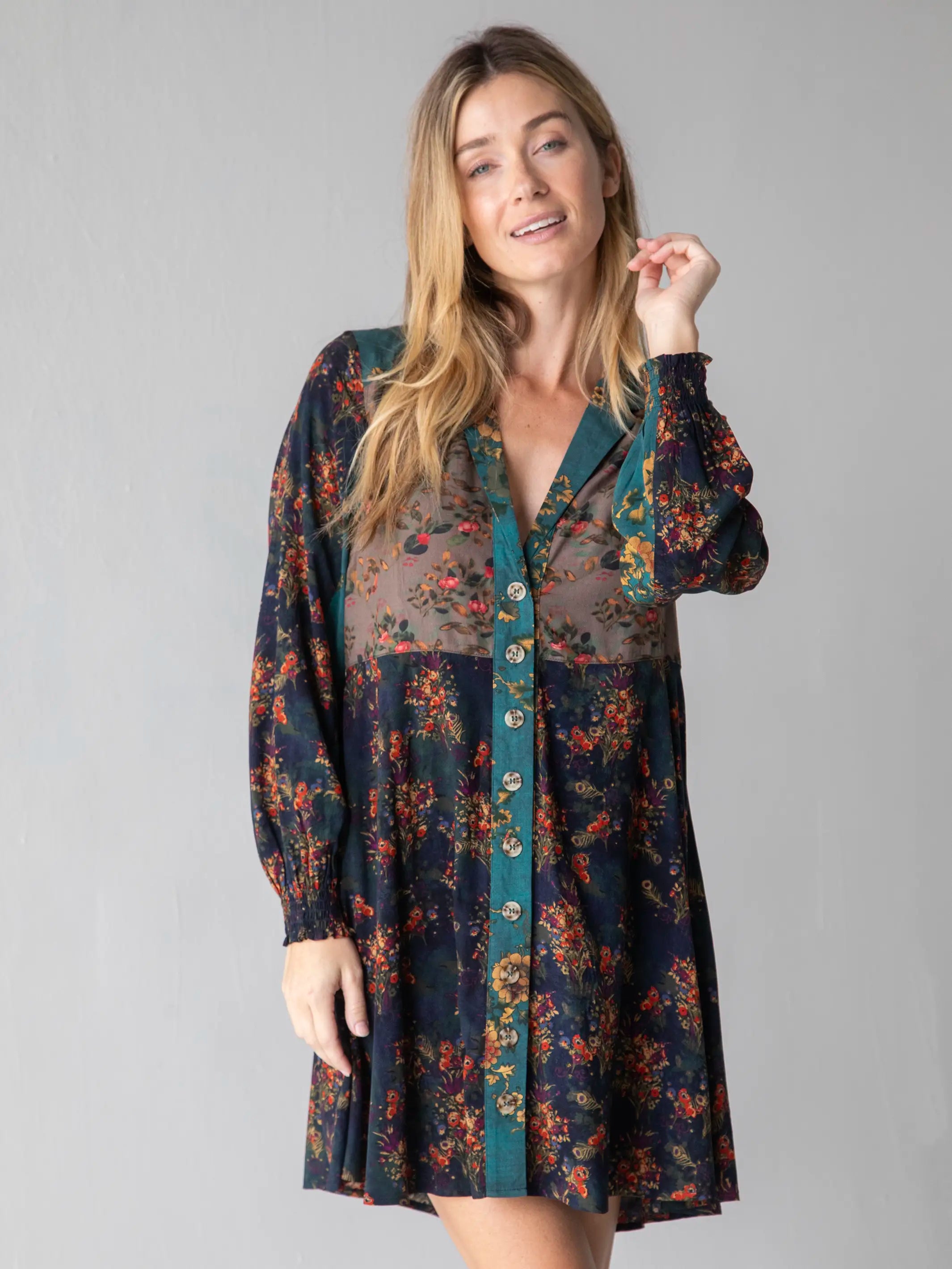 Trend Driven Wardrobe Ansley Woven Tunic Shirt Dress - Grey Navy Teal Mixed Floral