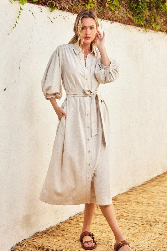 Clothing Sales Beige 3/4 Bubble Sleeve Midi Shirt Dress