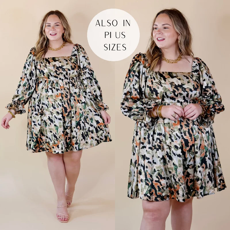 Unbeatable Prices Last Chance Size Medium & XL | Feeling Fine Satin Watercolor Print Dress with 3/4 Sleeves in Olive Mix