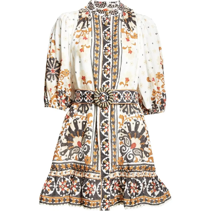 Valentine's Special Farm Rio Women's Flower Fan Tapestry Print Puff Sleeve Belted Mini Shirt Dress