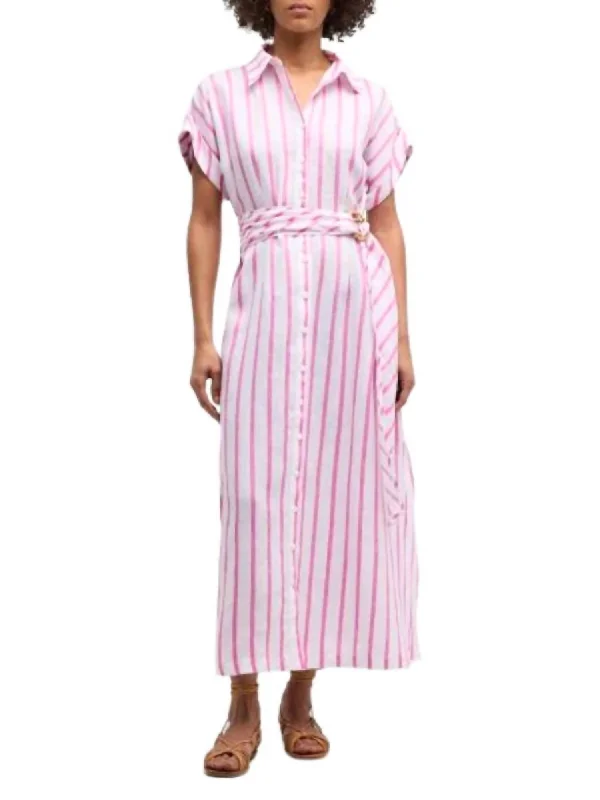Bold Fashion Stripe Smithy Sash Waist Shirt Dress In White/pink