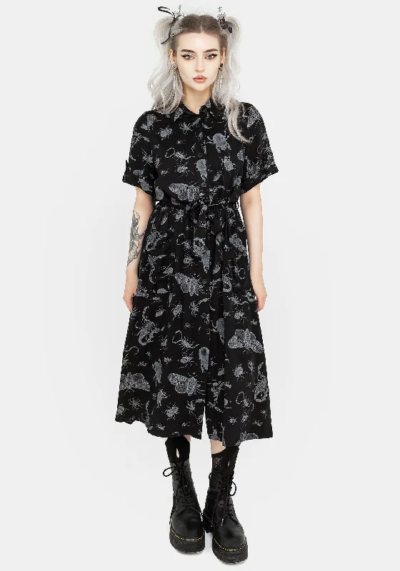 Exclusive Sale Parasite Bugs Short Sleeve Midi Shirt Dress - Black