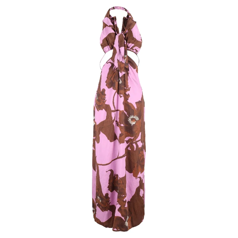 Trendy Street Style Clothing Johanna Ortiz City Of Spices Ankle Dress in Pink and Brown Silk