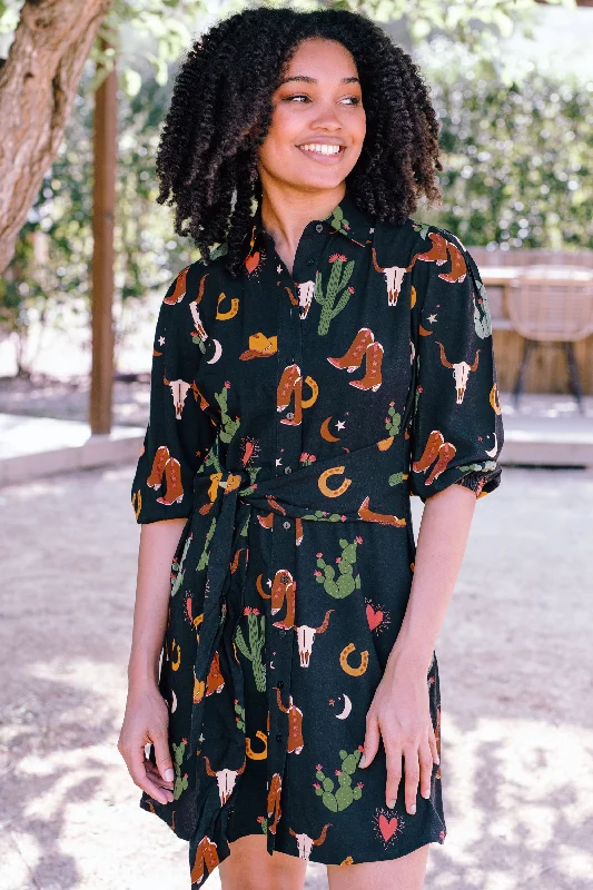 Seasonal Trends Mildred Mini Shirt Dress - Black, Cowgirl Print