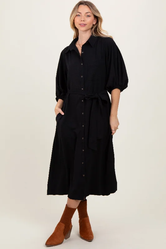 Online Boutiques Black Sash Tie Midi Shirt Dress